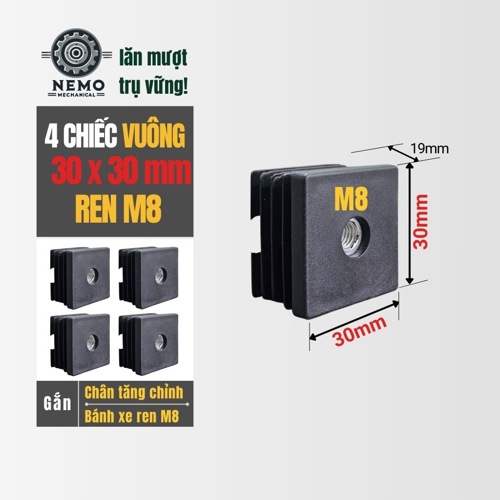 Nắp Chụp Thép Hộp Có Ren – Giải Pháp Lắp Chân Tăng Chỉnh & Bánh Xe Không Cần Hàn (M6, M8, M10)